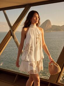 CAJUNI Short Summer Dress With Palm Print – New Year's, Beach, Holiday Parties - Beige - View 7