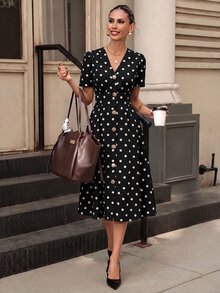 Editum 女款波點圖案單排扣短袖口袋優雅中長洋裝 - 黑色 - 查看 6