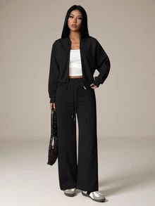 SHEIN PETITE 2pcs Women Casual Sports Jacket And High Waist Stretch Pants Set, Autumn And Winter - Black - View 8