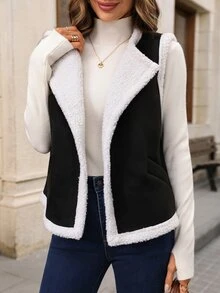 EMERY ROSE Women's Colorblock Fashion Versatile Fleece Vest Fall Clothes For Women Winter Outfit For Women - Brown - View 3