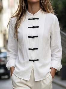 Balvessa Women Textured Fabric Stand Collar Front Button Minimalist Loose Daily New Chinese Style Outerwear - Black and White - View 4