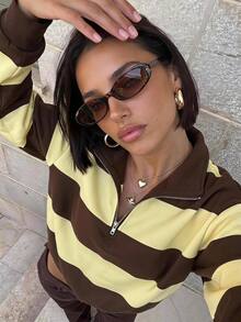Aloruh Women's Early Autumn Casual Versatile Brown Striped Sweatshirt, Suitable For Outfits, College Style Sweatshirt - Multicolor - View 1