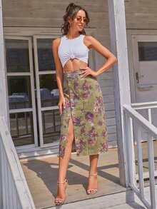 Jeanoix Petite Women's Floral Pattern Button Decor High Slit Denim Skirt - Multicolor - View 4