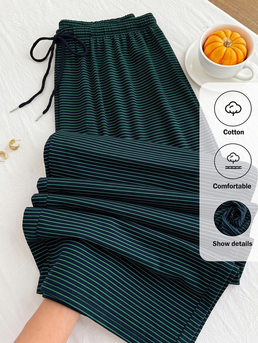 Comfortcana Autumn/Winter Black & White Striped Casual Versatile Drawstring Plus Size Pants - Green - View 1