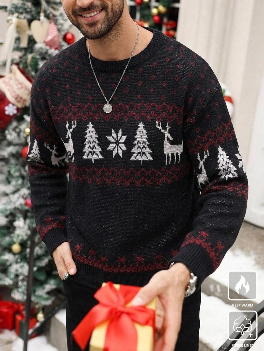 Manfinity Homme 男士動物圖案圓領長袖針織毛衣 可愛聖誕套頭毛衣,中性款,秋冬季 - 黑色 - 查看 1