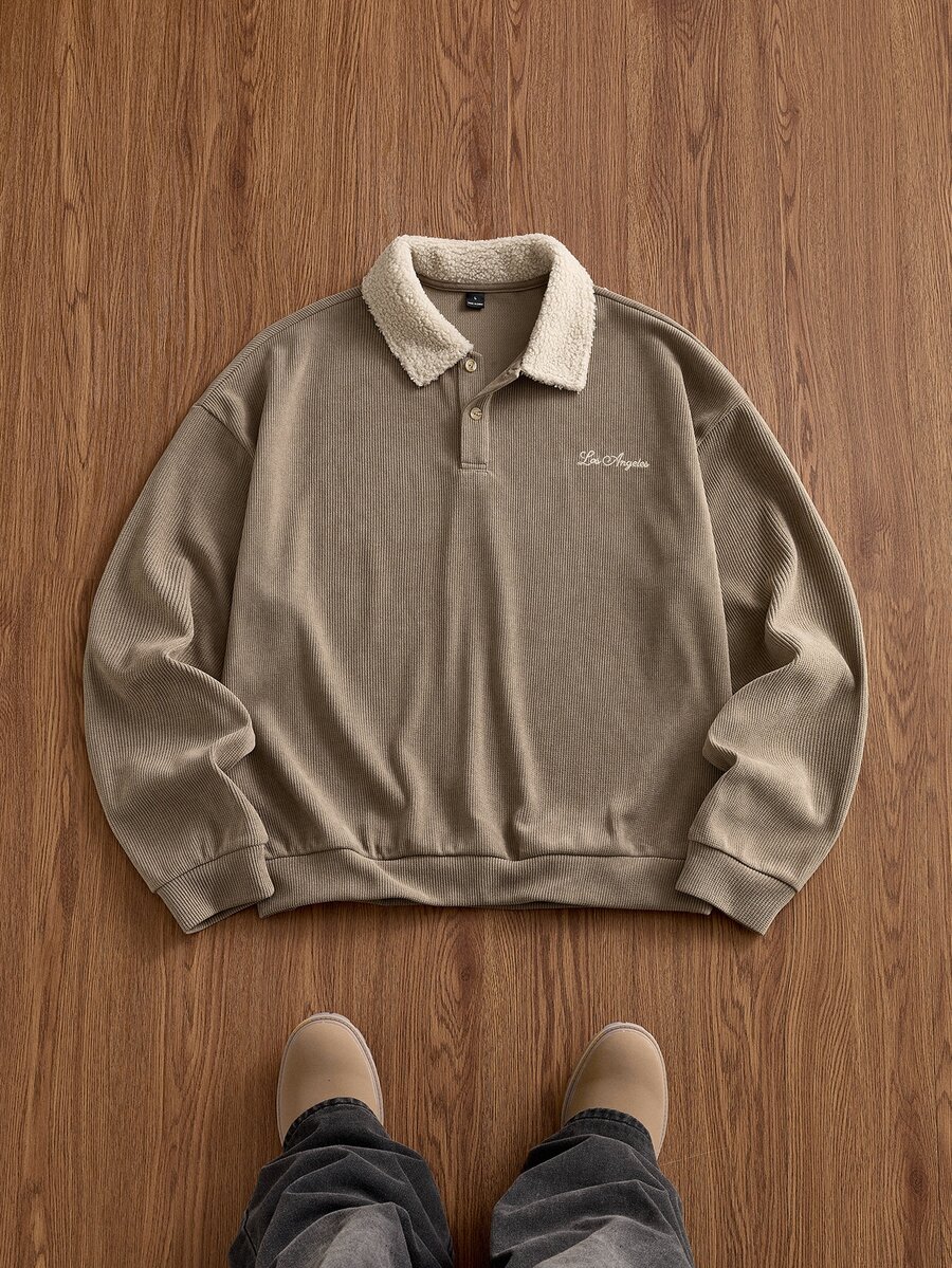 SWAVVY بلوزة رياضية رجالية كاجوال مقاس قياسي سوداء للربيع والخريف مع ياقة مطرزة - كاكي - مشاهدة 1