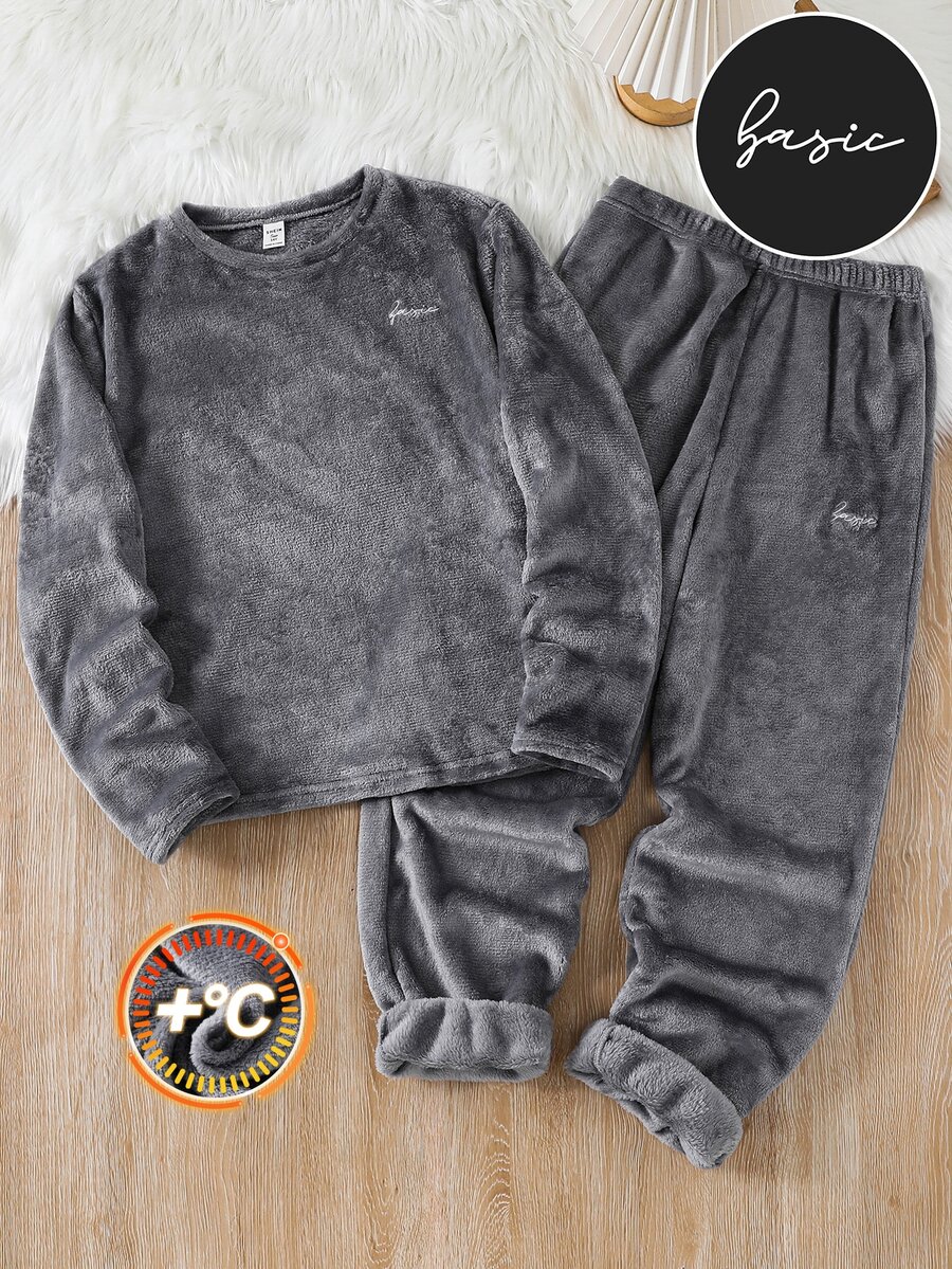 SHEIN 青少年男孩 2件組休閒字母刺繡圖案長袖毛絨睡衣套裝,適合秋冬保暖 - 灰色 - 查看 1