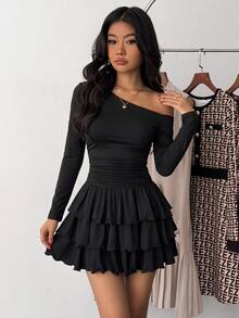 SHEIN Teen Girl Spring Autumn Winter New Casual Elegant Academy Style French Asymmetrical Shoulder Neckline Ruched Patchwork Layered Ruffle Hem Cake Pleat Long Sleeve Dress, Party, Daily Wear, Black Dress - Black - View 3