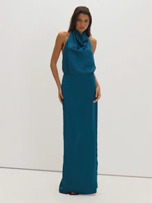 MUSEYN Teal Blue Satin Loose Fit Maxi Skirt Classy Date Night Chic Evening Fall - Royal Blue - View 1