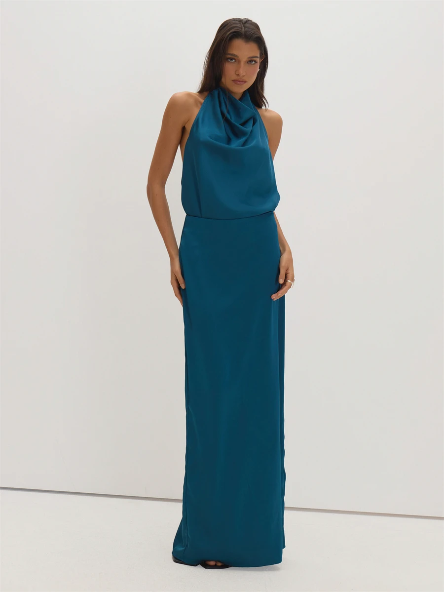 MUSEYN Teal Blue Satin Loose Fit Maxi Skirt Classy Date Night Chic Evening Fall - Royal Blue - View 1