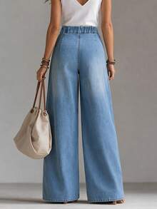 LUMIGAL Plus Size Women's Loose Wide Leg Casual Denim Jeans With Pockets - Blue - View 4