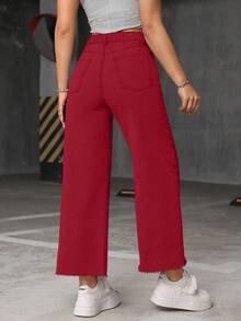 Jeanoix Plus Size Casual Versatile Frayed Hem Button Loose Fit Denim Jeans - Red - View 2