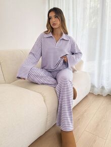 Siren Gaze 女款條紋領長袖上衣與長褲兩件套 - 淡紫色 - 查看 7