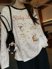 Dazy Kids Teen Girls Letter Print Polka Dot Long Sleeve T-Shirt - Beige - View 1