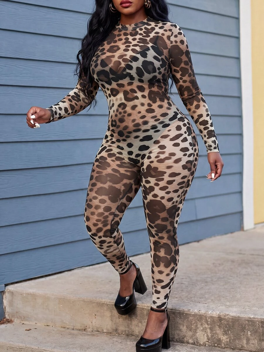 Slaydiva Sexy Street Date Party Women Slim Fit High Elastic Digital Print Long Sleeve Long Pants Abstract Pattern Leopard Mesh Plus Size Jumpsuit