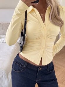 SHEIN EZwear 黃色針織修身女款T恤 - 淡黃色 - 查看 3