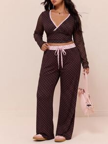 CovetEZ Contrast Polka Dot Slim Fit Flattering Casual Plus Size 2 Pieces Set - Brown - View 8