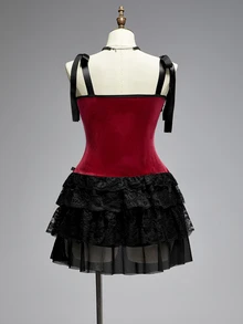 ROMWE Summer Gothic Vintage Court Style Contrast Color Lace Trim Cross Pendant Plus Size Women's Tank Tie Strap Dress - Burgundy - View 3