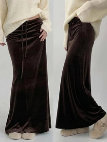 DAZY Women's Solid Color Drawstring Elastic Waist Casual Daily Versatile Skirt - Brown - View 2