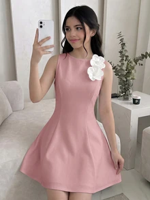 SHEIN Pitira Teen Girls Pink Elegant 3D Floral Decor Waist-Cinching A-Line Sleeveless Dress, Formal Wear - Pink - View 2
