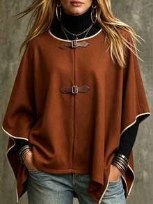 SHEIN Women's Autumn/Winter Piped Trim Snap Button Front Cape Overcoat - Apricot - View 3