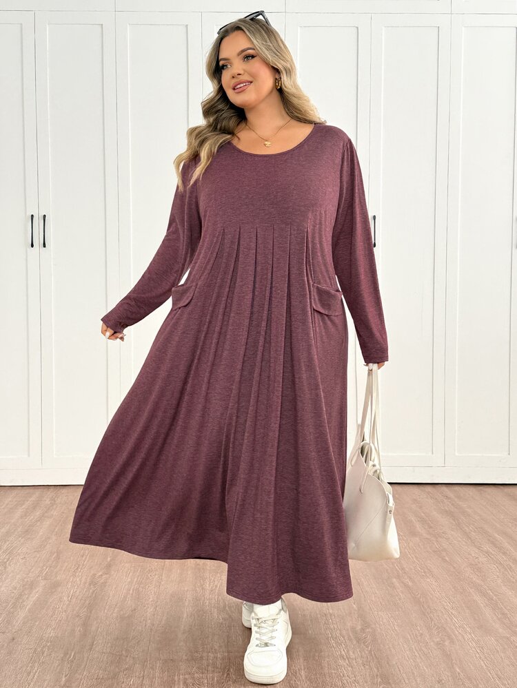SHEIN CURVE+ 大尺碼女款秋冬休閒寬鬆長袖舒適口袋洋裝 - 藕粉色 - 查看 7