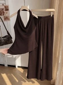 Comfortcana Women's Plus Size Draped Neck Backless Cowl Neck Asymmetrical Hem Waist-Cinching Tank Top And Loose Straight Leg Pants 2 Pieces Set - Brown - View 1