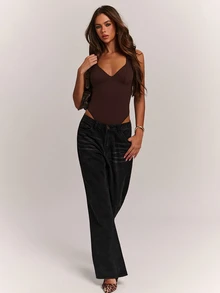 SHEIN BAE بودي نسائي ضيق برقبة هالتر مرنة باللون البني للخريف/الشتاء - بني - مشاهدة 4