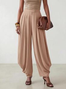 Zivah Pantalones de pierna ancha asimétricos con drapeado en color canela, estructura de entrepierna caída, pantalones de traje para mujer, silueta fluida apilada, cintura alta con frente liso, elegante casual - Café integral - Ver 3