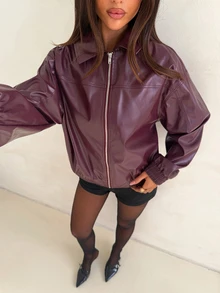 Aloruh Women's Deep Purple Leather Minimalist Jacket, Early Autumn Outfit - Purple - View 1