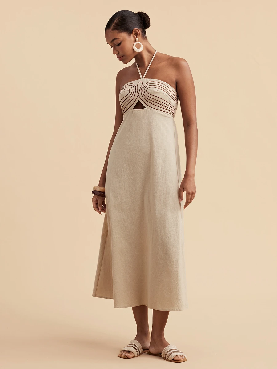 Travachic Gaun Wanita Model Halter Neck dengan Desain Potongan Bergaris