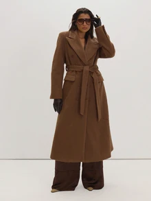 MUSEYN Brown Brushed Fur Tie Belt Maxi Coat Classy Date Night Chic Evening Fall - Mocha Brown - View 1