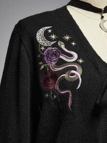 ROMWE Vintage Dark Gothic Forest Snake Moon Pattern Embroidered Plus Size Sweater Cardigan Autumn Winter New Style - Black - View 2