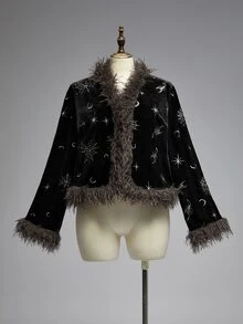 ROMWE Dark Gothic Mysterious Divination Style Star & Moon Pattern Embroidered Fur Collar Decor Plus Size Coat - Black - View 1