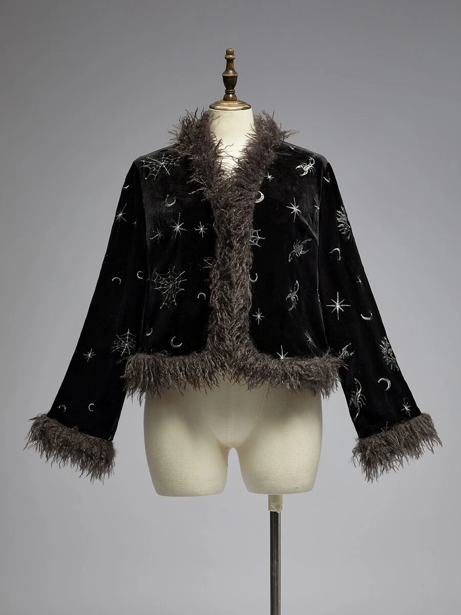 ROMWE Dark Gothic Mysterious Divination Style Star & Moon Pattern Embroidered Fur Collar Decor Plus Size Coat - Black - View 1