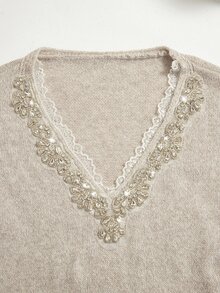 Medorina Women's Contrast Lace V-Neck Rhinestone Decor Long Sleeve Sweater - Apricot - View 3