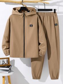 SHEIN 青少年男孩 2件組休閒卡其色連帽開襟衫與長褲，附小標誌，適合秋冬返校季穿著 - 卡其色 - 查看 3