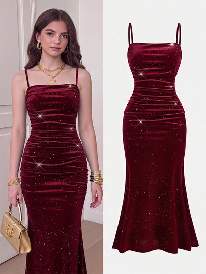 SHEIN Tween Girl Autumn/Winter Christmas Spaghetti Strap Glitter Velvet Pleated Dress, Elegant Burgundy Mermaid Long Fitted Dress For Ball, Party, Evening Event, Halloween, Christmas, New Year, Festival Outfits, Autumn