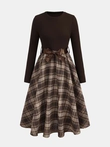 SHEIN Pitira Tween Girl Casual Knitted Solid Color & Floral Patchwork Round Neck Long Sleeve Dress - Brown - View 5