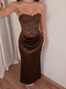 Glamine 女款優雅無肩帶長洋裝，對比蕾絲與百褶設計 - 摩卡棕 - 查看 3