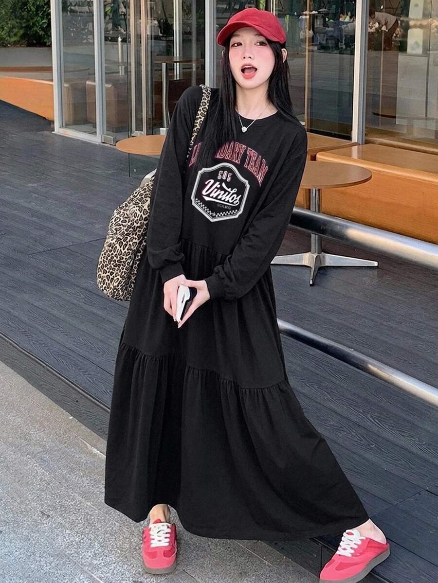 DAZY 春夏女款印花中長洋裝 T恤裙 - 黑色 - 查看 1