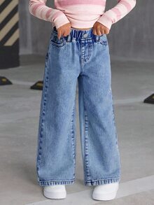 SHEIN 少女牛仔褲新品上市 簡約休閒風 百搭時尚 破洞復古水洗丹寧 直筒舒適版型 四季皆宜 休閒女童牛仔褲 - 中等水洗藍 - 查看 6