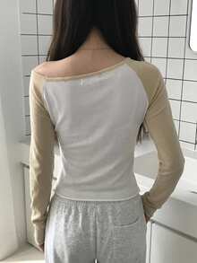 DAZY 女款不對稱肩拼接配色長袖韓系清新女孩毛衣 - 米色 - 查看 2