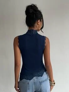 Aloruh Women's High Neck Sleeveless Lace Trim Solid Color T-Shirt - Navy Blue - View 2