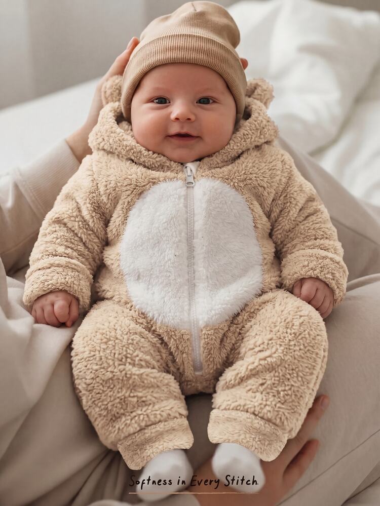 Newborn Baby Cartoon Bear 3D Ears Cute Hooded Autumn Winter Romper - Apricot - View 4
