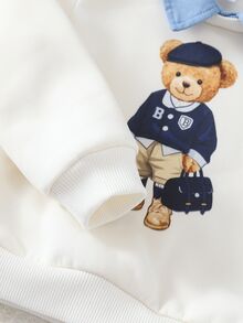 SHEIN 男嬰卡通熊學院風對比色襯衫領套頭運動衫與條紋鬆緊腰長秋季褲 2 件套 - 彩色 - 查看 5