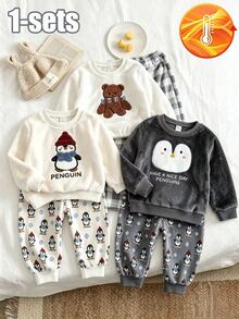Set 2 potong celana panjang flanel lengan panjang bayi laki-laki, motif cetak bordir penguin kartun warna aprikot, pakaian rumah simpel kasual nyaman lembut lucu dan menyenangkan untuk musim dingin - Aprikot - View 6