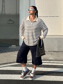 Muchica 大尺碼女款領口鈕扣條紋設計長袖T恤 - 白色 - 查看 6