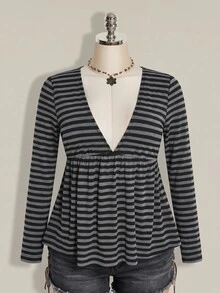Women's Autumn/Winter New Hot-Selling Striped Print Pattern Casual Versatile Long Sleeve Plus Size T-Shirt - Multicolor - View 3