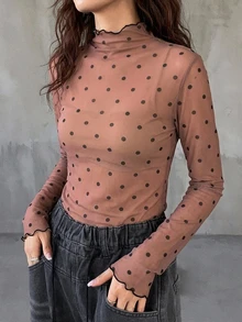 FRIFUL 女款波點印花立領長袖修身上衣 - 棕色 - 查看 4